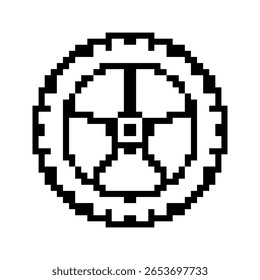 Wheel templates in pixel art style. Black mechanical silhouettes. Cogwheel, vehicle element, labels. Isolated on white background.