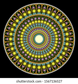 A wheel that combines pollen, leaves, sunlight and water in Dot Mandala style.