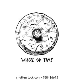 Wheel of time. Stone wheel, ink hand drawn illustration.