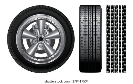 Wheel - Tire and Alloy Rim is an illustration of a wheel with tire and alloy rim  showing rotor and brakes. Also includes front view of tire and tire track.