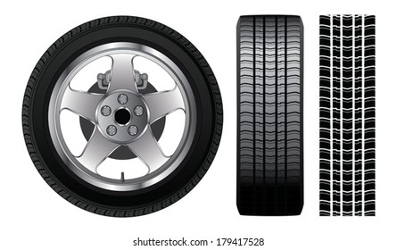 Wheel - Tire and Aluminum Rim is an illustration of a wheel with tire and alloy rim  showing rotor and brakes. Also includes front view of tire and tire track.