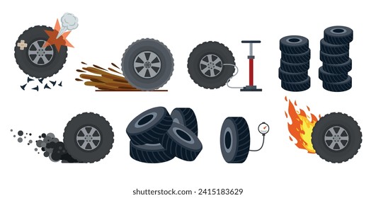 Wheel tire, detail of auto vehicle. Concept of different tire operations - pressure pumping, fire, dirt. Cartoon illustration isolated on white background