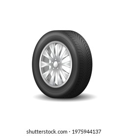 Wheel tire icon, realistic sport rim on white background. Black auto rubber tyre and metal disk for speed racing, realistic design. 3d vector illustration