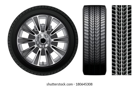 Wheel - Tire and Rim is an illustration of a wheel with tire and alloy rim  showing rotor and brakes. Also includes front view of tire and tire track.