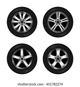 Wheel and tire set for transport or service design. Shining car disk isolated on white background