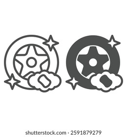 Wheel tire with sponge line and solid icon, car service concept. Vector graphics. Shiny clean car tire, washing sign on white background, outline style icon for mobile or web design