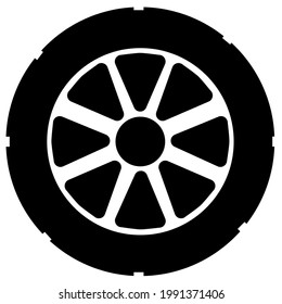Wheel, tire, tread, winter summer tires, wheel change, tire inflation, tire fitting, alloy wheels, auto balancing. Vector image black and white