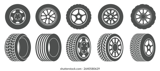 wheel tires car tire tread tracks motorcycle racing wheels icons dirty tires track illustration set