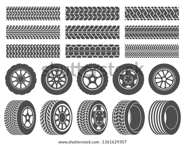 Wheel\
tires. Car tire tread tracks, motorcycle racing wheels icons and\
dirty tires track. Motocross bike trail, vehicle track or auto race\
tires. Vector isolated symbols illustration\
set