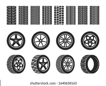 Wheel tires. Car trace imprints, vehicle track or auto race tire, motorcycle racing wheels with different protection patterns and graphic elements vector set