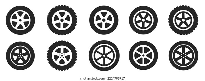 Wheel tires symbols illustration set. Rubber wheel tire set icon