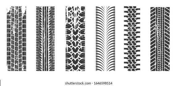 Wheel tires traces, car tread tracks, motorcycle or vehicle racing isolated icons vector. Bike, vehicle track or auto race, speed racing. Black imprint, automobile extreme sport, road or highway