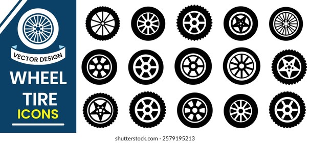 Wheel tires vector icon set design. Set of wheels tire icon, vector silhouette. Black rubber tire symbol. Car tire tread tracks, motorcycle racing wheels tires sign. Vector illustration.