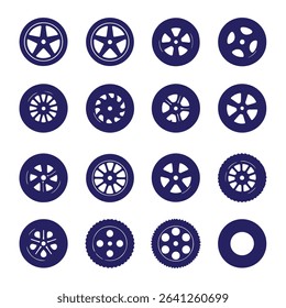Wheel tires vector icon set. Black outline and flat car rubber wheels.