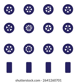 Wheel tires vector icon set. Black outline and flat car rubber wheels.