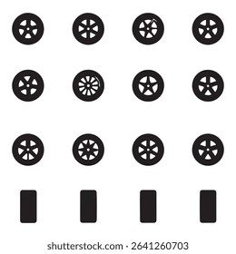 Wheel tires vector icon set. Black outline and flat car rubber wheels.