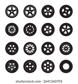 Wheel tires vector icon set. Black outline and flat car rubber wheels.