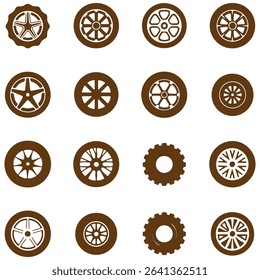  Wheel tires vector icon set. Black outline and flat car rubber wheels.