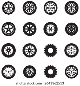  Wheel tires vector icon set. Black outline and flat car rubber wheels.