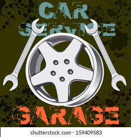 Wheel and tools. Car service. 