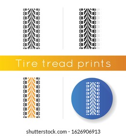 Wheel traces icon. Detailed automobile, motorcycle tyre marks. Car wheel print with thick grooves. Vehicle tire trail. Linear black and RGB color styles. Isolated vector illustrations