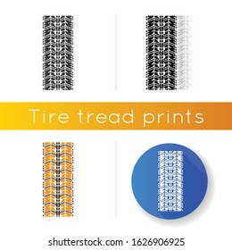 Wheel traces icon. Detailed automobile, motorcycle street tyre marks. Car summer wheel print. Vehicle tire trail. Linear black and RGB color styles. Isolated vector illustrations
