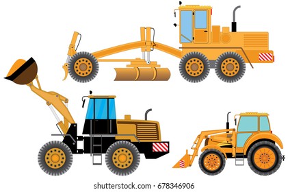 Wheel tractor loader, bulldozer, grader. A set of construction and road cars in yellow tones
