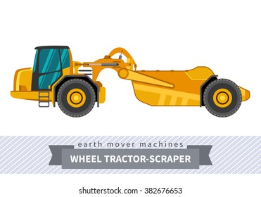 Wheel tractor-scraper. Heavy equipment vehicle isolated color vector illustration.