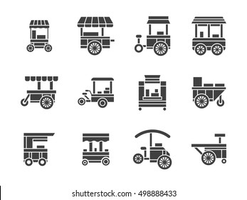 Wheel trolley and equipment for street vending or fast food. Mobile shops, cart stalls. Collection of symbolic black glyph style vector icon