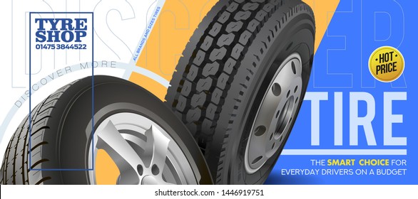 Wheel truck and car. Flyer. Advertise wheels for summer and winter. Promotion. Discount. Outdoor advertising vehicle wheels. Advertising for magazine, newspaper. Promotion for the sale of wheels with 