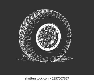 Wheel of the truck. Mud and dirt. Vector line art illustration on black background