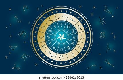 Wheel with twelve signs of the zodiac in night sky, astrology, esotericism, prediction of the future.