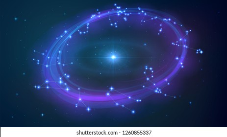 Wheel with twelve zodiac constellation in night sky, astrology, esotericism, prediction of the future.