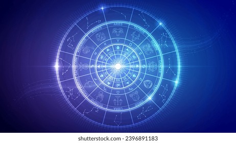 Wheel of Twelve-Sign of Star Zodiac Constellation, Horoscope, Astrology, Fortune-Telling, Futuristic Hologram Neon Glow Bright Translucent Backdrop Background Illustration