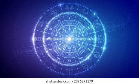 Wheel of Twelve-Sign, Symbol, Element of Zodiac, Horoscope, Astrology, Fortune-Telling, Futuristic Hologram Neon Glow Bright Translucent Backdrop Background Illustration