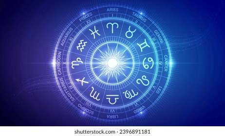 Wheel of Twelve-Sign and Symbol of Zodiac, Horoscope, Astrology, Fortune-Telling, Futuristic Hologram Neon Glow Bright Translucent Backdrop Background Illustration