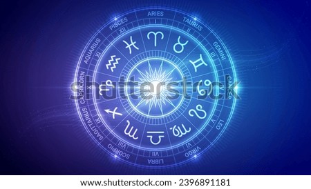 Wheel of Twelve-Sign and Symbol of Zodiac, Horoscope, Astrology, Fortune-Telling, Futuristic Hologram Neon Glow Bright Translucent Backdrop Background Illustration