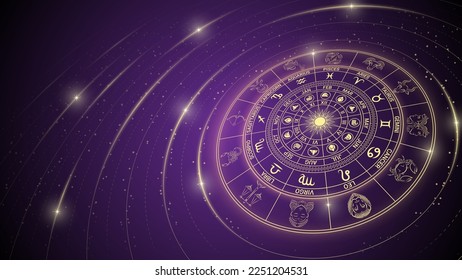 Rueda de 12-Signos de Zodiac, Rayo brillante de la luz de las estrellas en el espacio, Horóscopo y Elemento de Concepto Astrológico para la Ilustración del Vector de fondo estelar de la telaraña de fortuna.