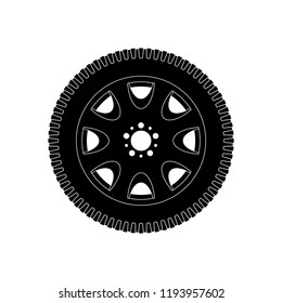 Wheel with tyre. Black icon. Vector illustration isolated on white background