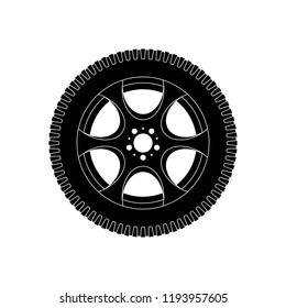 Wheel with tyre. Black icon. Vector illustration isolated on white background