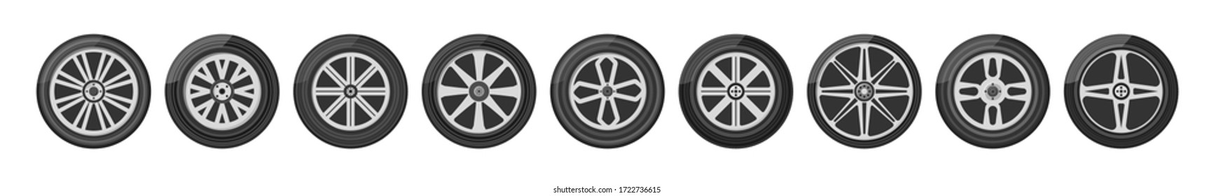 A wheel tyre for the car and the motorcycle and the truck and the SUV. Set of car wheels icon. Round and transportation, automobile equipment, vector illustration in flat design, eps 10.