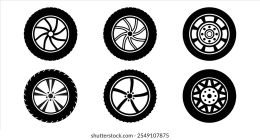 Wheel and Tyre Icon Set for Vehicle Designs. Set of Wheel tires. Black rubber wheel tire set. car tyre icon. Auto wheel tyre. Tire with Tread Pattern. Vector illustration