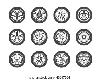 Wheel, tyre and tire collection of icons. Collection of round shaped rubber automobile or car, speed vehicle. Great for garage and machine shop, automotive and brake theme