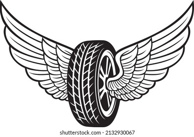 Wheel (tyre) and wings black and white. Vector illustration.