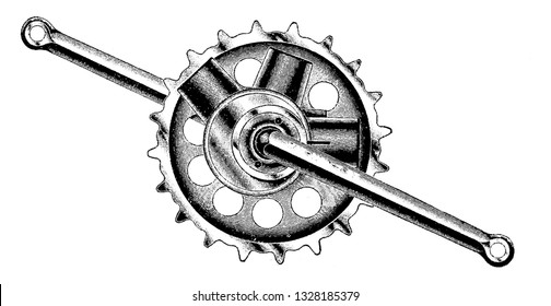 A wheel upon which a radial projections engage a chain passing over. Made up of chain rings and crank-arms, vintage engraved line art illustration. Bicycle Accessories - 1900