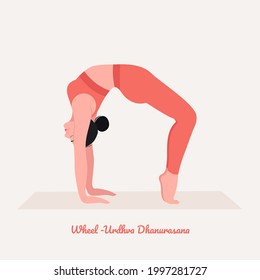 Wheel -Urdhva Dhanurasana Yoga pose. Young woman practicing yoga  exercise. Woman workout fitness, aerobic and exercises. Vector Illustration.