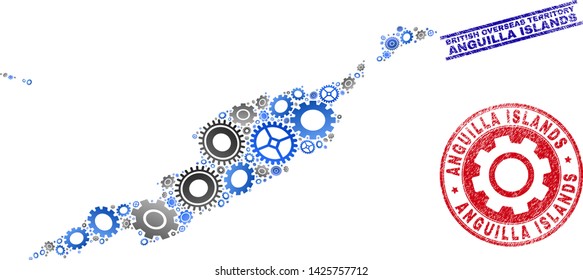 Wheel vector Anguilla Islands map mosaic and seals. Abstract Anguilla Islands map is designed with gradient random gearwheels. Engineering territory scheme in gray and blue colors,