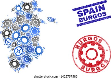 Wheel vector Burgos Province map composition and seals. Abstract Burgos Province map is created from gradient scattered cogwheels. Engineering geographic plan in gray and blue colors,
