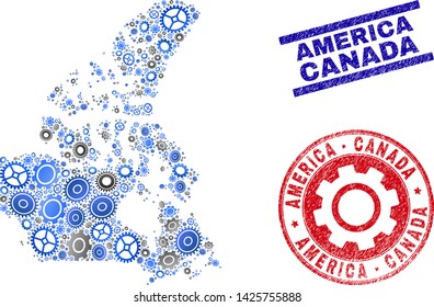 Wheel vector Canada v2 map composition and seals. Abstract Canada v2 map is constructed of gradiented random gears. Engineering geographic scheme in gray and blue colors,