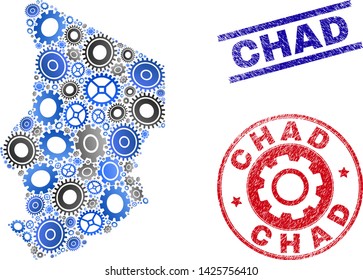 Wheel vector Chad map mosaic and stamps. Abstract Chad map is organized from gradiented random cogs. Engineering territorial plan in gray and blue colors,
